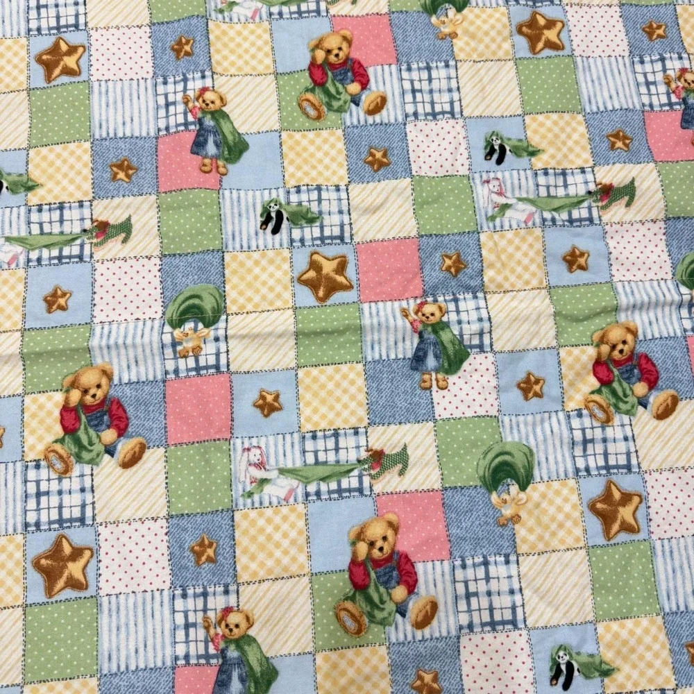 VTG Baby Quilt Blanket Teddy Bear Stars Patchwork Blue Pink Green Soft Crib CUTE